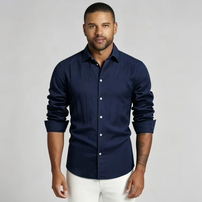 Men's Solid Linen Blend Long Sleeve Button Down Dress Shirt Casual Business Top - Image 5