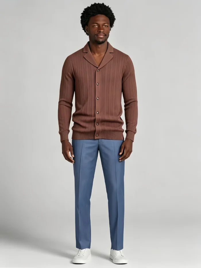 Men's Vertical Rib Notch Lapel Button Up Short Sleeve Knit Polo Shirt Summer Casual Layering Top - Image 5