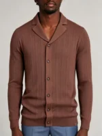 Men's Vertical Rib Notch Lapel Button Up Short Sleeve Knit Polo Shirt Summer Casual Layering Top - Image 4