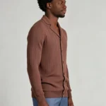 Men's Vertical Rib Notch Lapel Button Up Short Sleeve Knit Polo Shirt Summer Casual Layering Top
