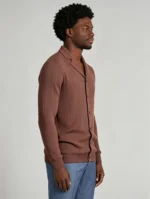 Men's Vertical Rib Notch Lapel Button Up Short Sleeve Knit Polo Shirt Summer Casual Layering Top