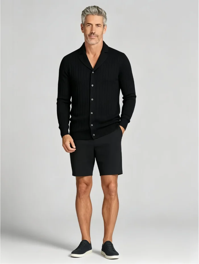 Men's Vertical Rib Notch Lapel Button Up Short Sleeve Knit Polo Shirt Summer Casual Layering Top - Image 9