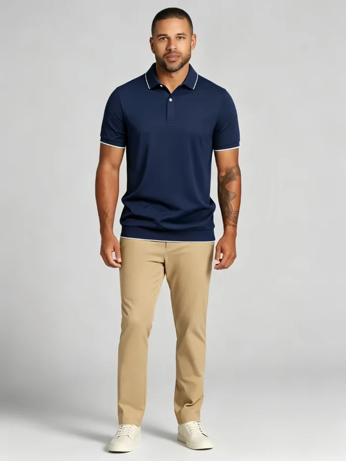Men's stretchy, sweat-absorbent, solid color double-button knitted Polo shirt, suitable for various occasions and daily travel, lightweight and breathable, summer top - Image 13