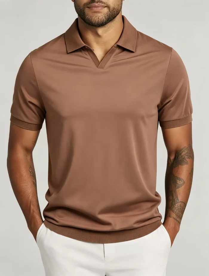 Men's solid color V-neck short-sleeve knitted polo shirt, soft and breathable, summer business casual everyday pullover - Image 16