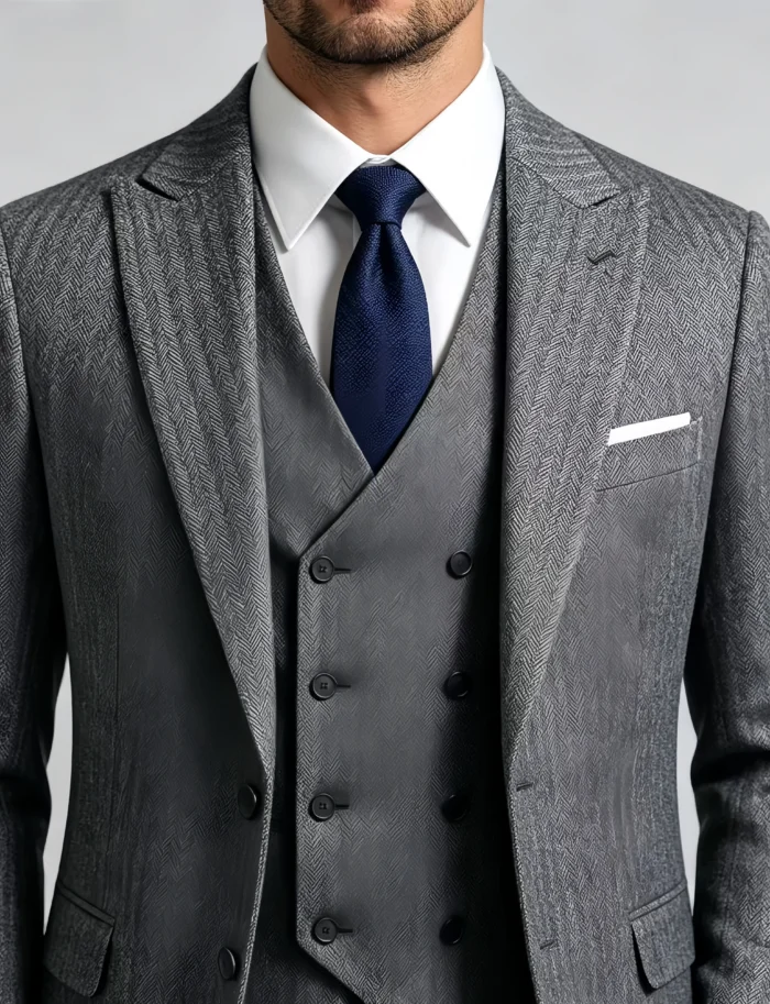 Men's Slim Fit Herringbone 3 Piece Suit with Double-Breasted Vest - Image 2