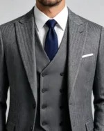 Men's Slim Fit Herringbone 3 Piece Suit with Double-Breasted Vest - 图片 3