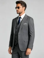 Men's Slim Fit Herringbone 3 Piece Suit with Double-Breasted Vest - Image 3