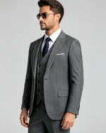 Men's Slim Fit Herringbone 3 Piece Suit with Double-Breasted Vest - 图片 2