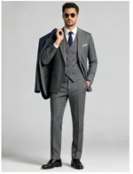 Men's Slim Fit Herringbone 3 Piece Suit with Double-Breasted Vest - Image 5