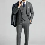 Men's Slim Fit Herringbone 3 Piece Suit with Double-Breasted Vest