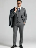 Men's Slim Fit Herringbone 3 Piece Suit with Double-Breasted Vest