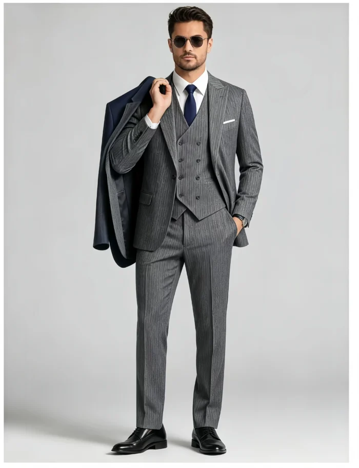 Men's Slim Fit Herringbone 3 Piece Suit with Double-Breasted Vest - Image 5