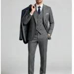 Men's Slim Fit Herringbone 3 Piece Suit with Double-Breasted Vest