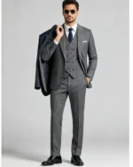 Men's Slim Fit Herringbone 3 Piece Suit with Double-Breasted Vest