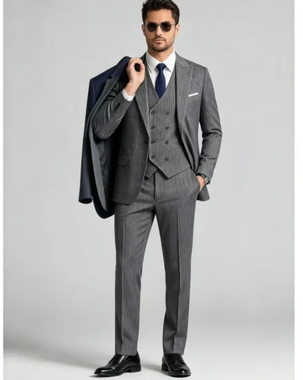 Men's Slim Fit Herringbone 3 Piece Suit with Double-Breasted Vest