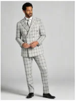 Men's Double Breasted Plaid 2 Piece Suit Slim Fit Checkered Business Wedding Smart Casual Suit Set - Image 2