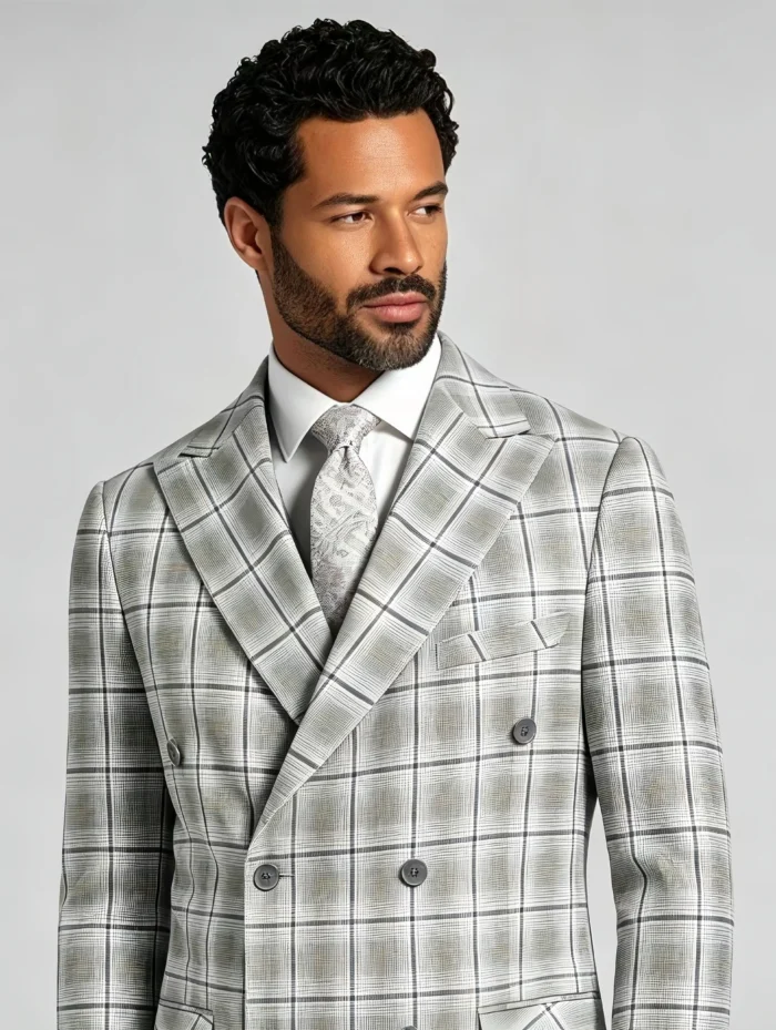 Men's Double Breasted Plaid 2 Piece Suit Slim Fit Checkered Business Wedding Smart Casual Suit Set - Image 3