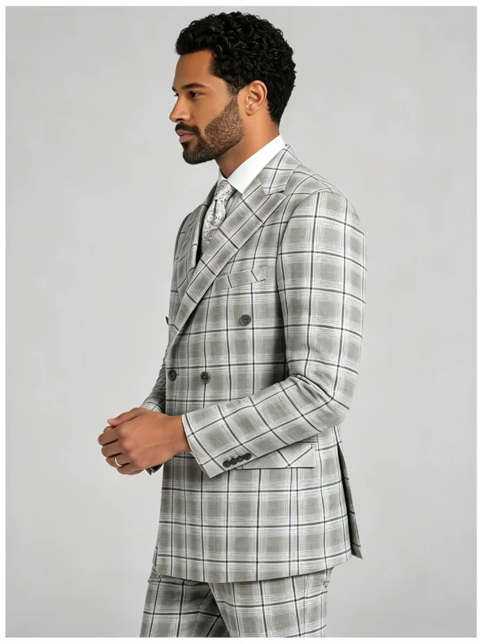 Men's Double Breasted Plaid 2 Piece Suit Slim Fit Checkered Business Wedding Smart Casual Suit Set - Image 4