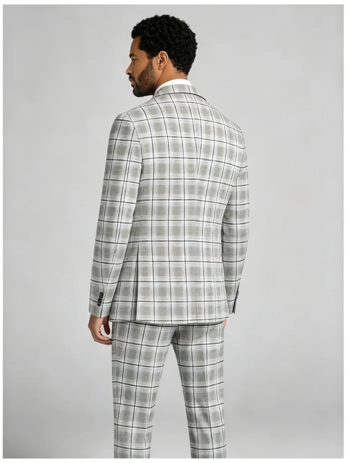 Men's Double Breasted Plaid 2 Piece Suit Slim Fit Checkered Business Wedding Smart Casual Suit Set - Image 5