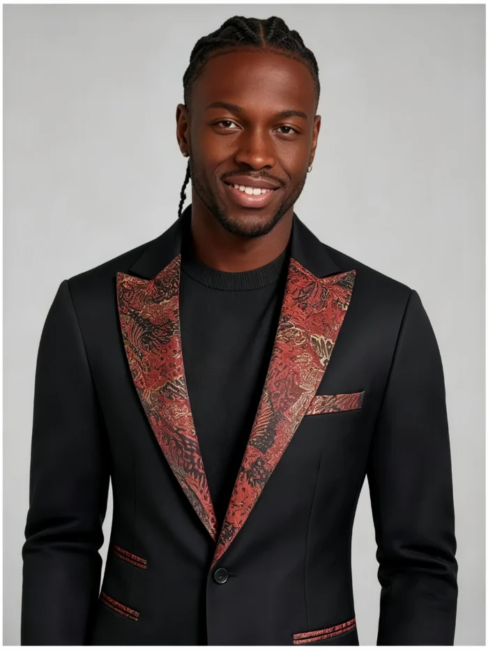 Men's Jacquard Contrast Lapel 2 Piece Tuxedo Suit Slim Fit One-Button Formal Party Prom Wedding Suit Set - Image 2