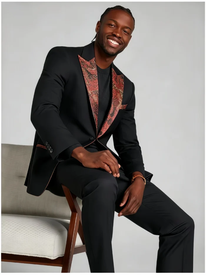 Men's Jacquard Contrast Lapel 2 Piece Tuxedo Suit Slim Fit One-Button Formal Party Prom Wedding Suit Set - Image 3