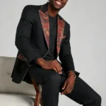 Men's Jacquard Contrast Lapel 2 Piece Tuxedo Suit Slim Fit One-Button Formal Party Prom Wedding Suit Set