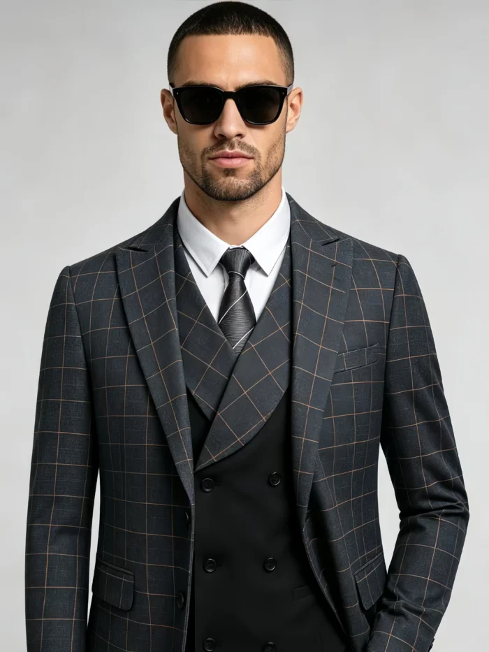 Men's 3 Piece Plaid Suit with Double-Breasted Vest Slim Fit One-Button Business Wedding Formal Set - Image 2