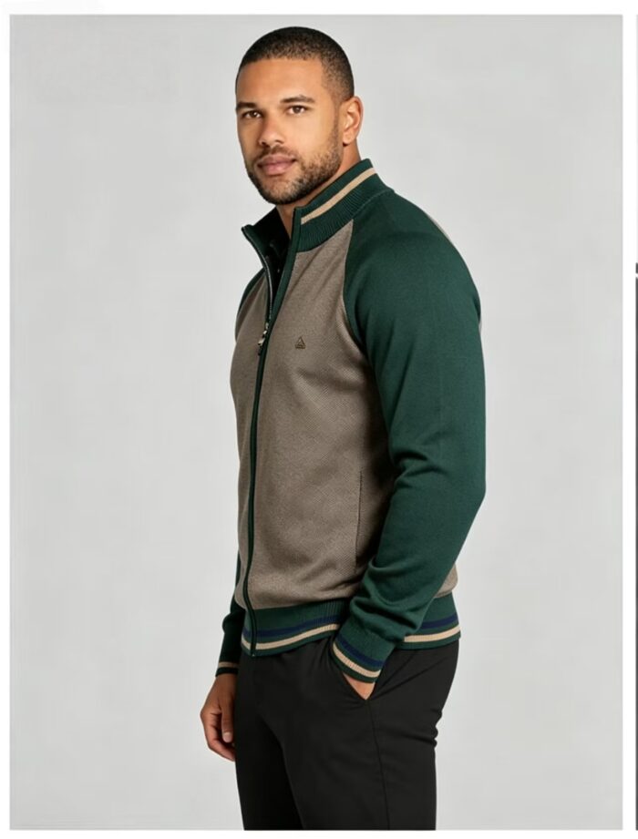 Men's Raglan Color Block Zip Up Knit Cardigan Striped Rib Collar Cuff Warm Spring Fall Casual Jacket Sweater - Image 3