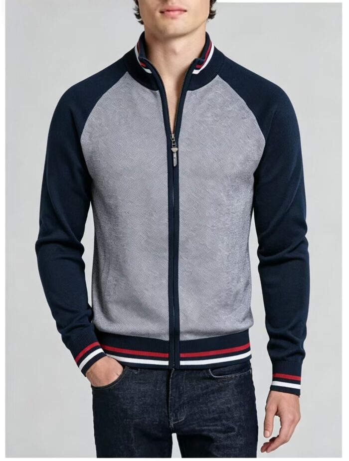 Men's Raglan Color Block Zip Up Knit Cardigan Striped Rib Collar Cuff Warm Spring Fall Casual Jacket Sweater - Image 17