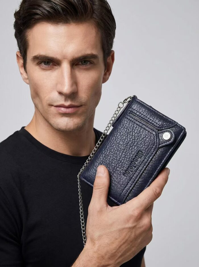 Men's Wearable Anti-Lost Chain RFID Trifold Wallet Multi Compartment Coin Card Cash Travel Organizer - Image 26