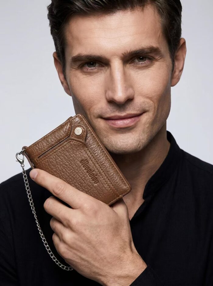 Men's Wearable Anti-Lost Chain RFID Trifold Wallet Multi Compartment Coin Card Cash Travel Organizer - Image 25