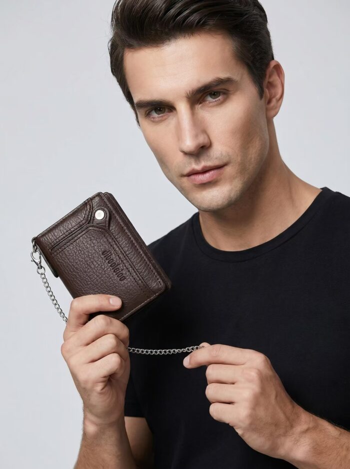 Men's Wearable Anti-Lost Chain RFID Trifold Wallet Multi Compartment Coin Card Cash Travel Organizer - Image 24