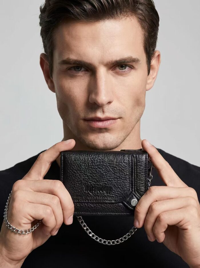Men's Wearable Anti-Lost Chain RFID Trifold Wallet Multi Compartment Coin Card Cash Travel Organizer - Image 23