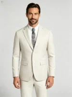 Men's 2 Piece Slim Fit Suit Two-Button Notch Lapel Linen-Blend Business Wedding Casual Suit Set