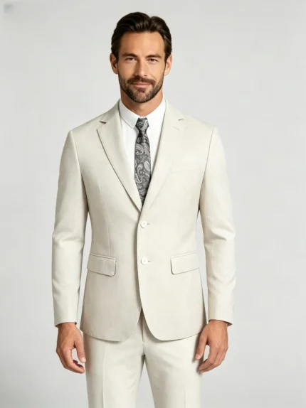 Men's 2 Piece Slim Fit Suit Two-Button Notch Lapel Linen-Blend Business Wedding Casual Suit Set
