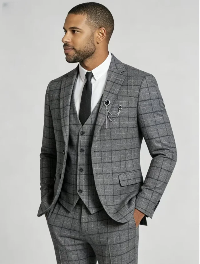 Men's Slim Fit Plaid 3 Piece Suit (Blazer + Vest + Trousers) - Image 3