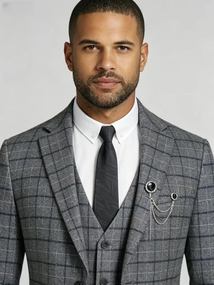 Men's Slim Fit Plaid 3 Piece Suit (Blazer + Vest + Trousers) - Image 4