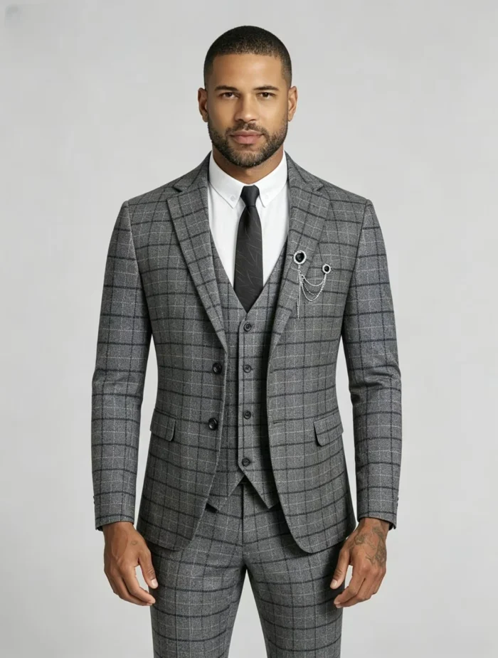 Men's Slim Fit Plaid 3 Piece Suit (Blazer + Vest + Trousers) - Image 5