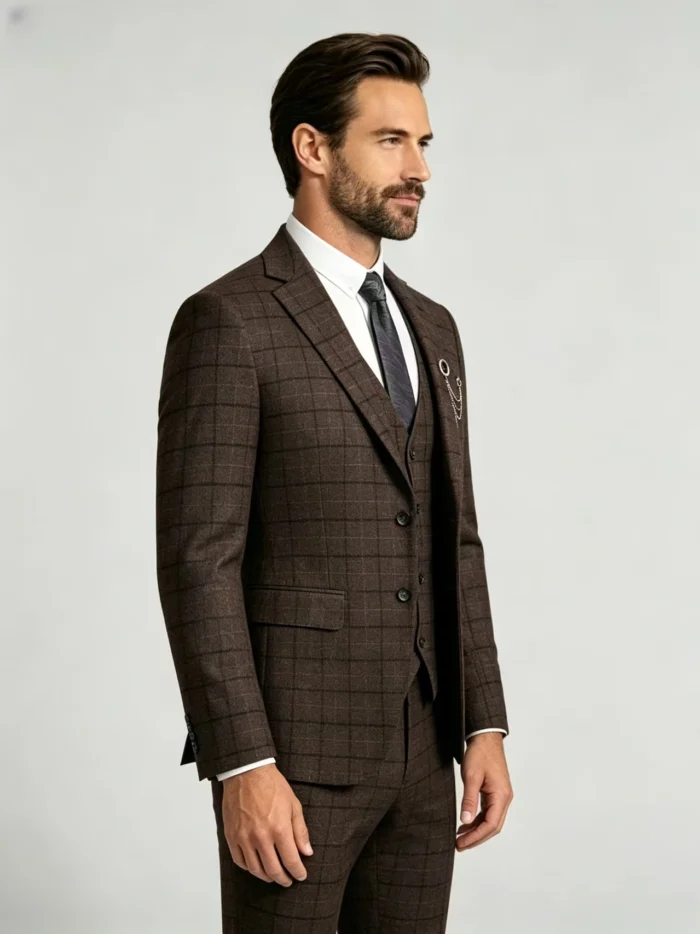 Men's Slim Fit Plaid 3 Piece Suit (Blazer + Vest + Trousers) - Image 11