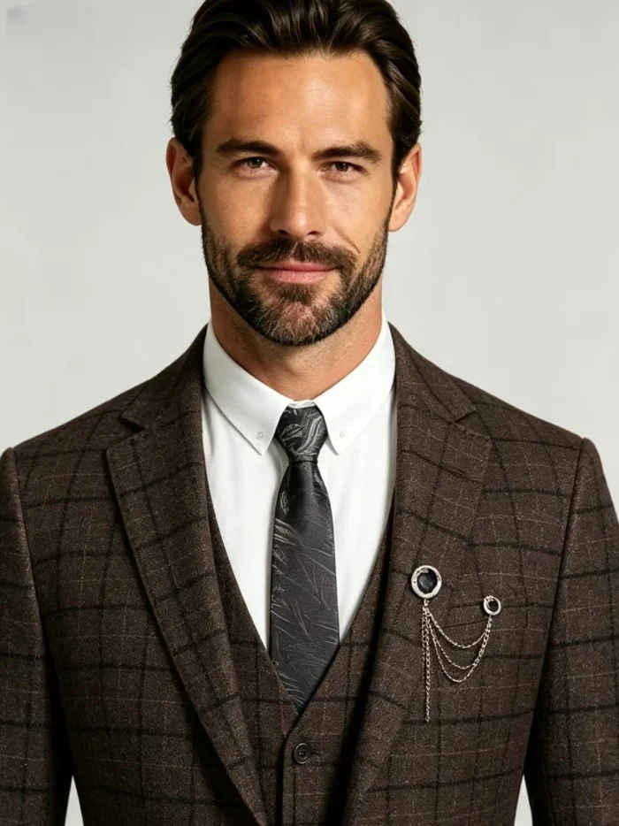 Men's Slim Fit Plaid 3 Piece Suit (Blazer + Vest + Trousers) - Image 12