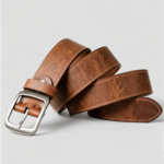 Minimalist Oil-wax Vintage Full Grain Leather Brushed Silver Square Buckle Men BeltC