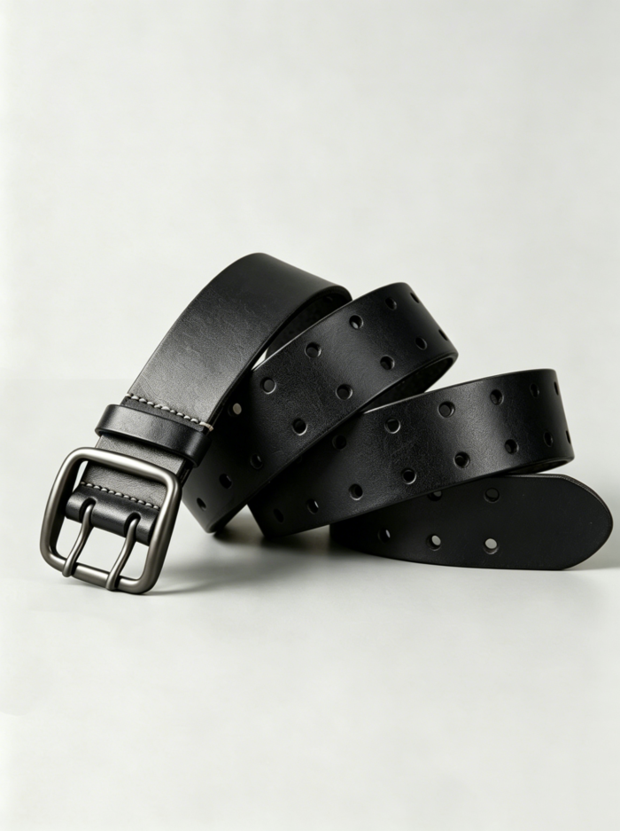 Minimalist Full-hole Brushed Full Grain Leather Double Pin Rounded Square Buckle Men Vintage Belt - Image 3