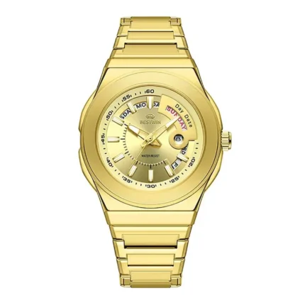 Slant Cut Day Date Dual Window Men Integrated Steel Watch Daily Business Waterproof Quartz Wristwatch