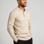 Men’s Henley Vertical‑Rib Long‑Sleeve Pullover Knit Sweater Product Description