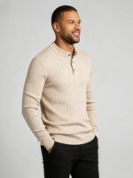 Men’s Henley Vertical‑Rib Long‑Sleeve Pullover Knit Sweater Product Description