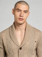 Men's Full Diamond Cable Knit Shawl Collar Button Front Cardigan Soft Warm Business Casual Layering Knit Jacket