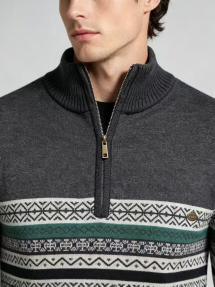 Men's Fair Isle Striped Quarter Zip Mock Neck Cable Knit Sweater Soft Warm Winter Holiday Casual Layering Pullover