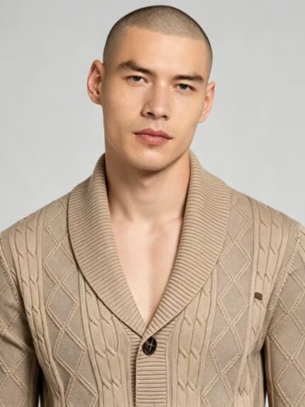 Men's Full Diamond Cable Knit Shawl Collar Button Front Cardigan Soft Warm Business Casual Layering Knit Jacket