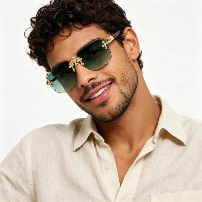 Minimalist Rimless Cross Rhinestone Brown Gradient Square Sunglasses Unisex - Image 2