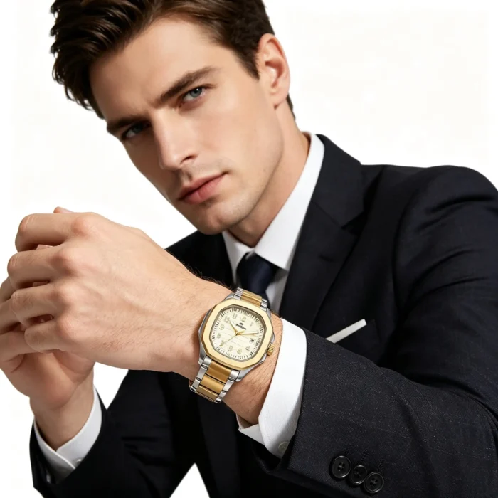 Octagon Grid Numeral Single Date Men Integrated Steel Watch Retro Commute Waterproof Quartz Wristwatch - Image 2